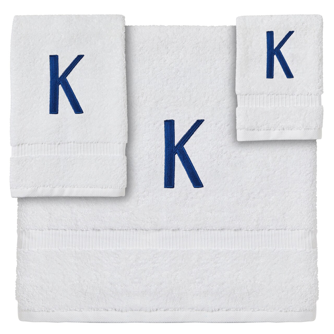 3 Piece Letter K Monogrammed Bath Towels Set, White Cotton Bath Towel, Hand Towel, and Washcloth with Blue Embroidered Initial K for Wedding Gift, Bridal Shower